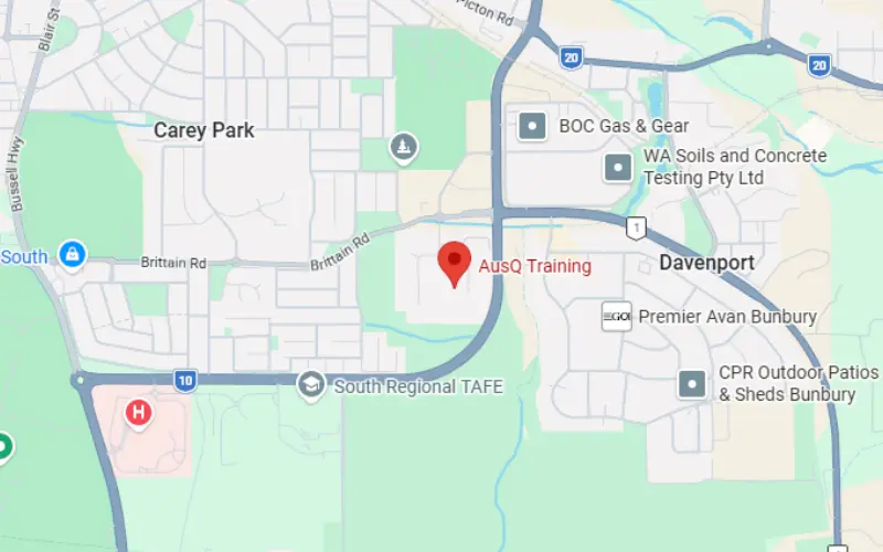 A screenshot of a map showing AusQ Training's Bunbury location.