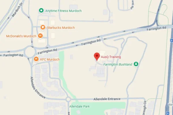 A screenshot of a map showing AusQ Training's North Lake location.