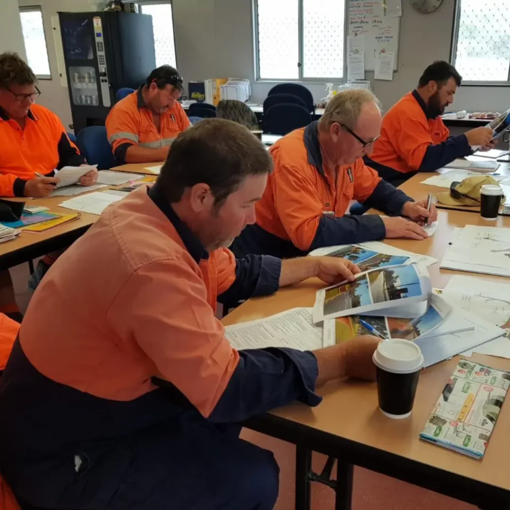 AusQ Training learners wearing high-visibility work shirts reviewing training materials and manuals during a classroom-based traffic management course.