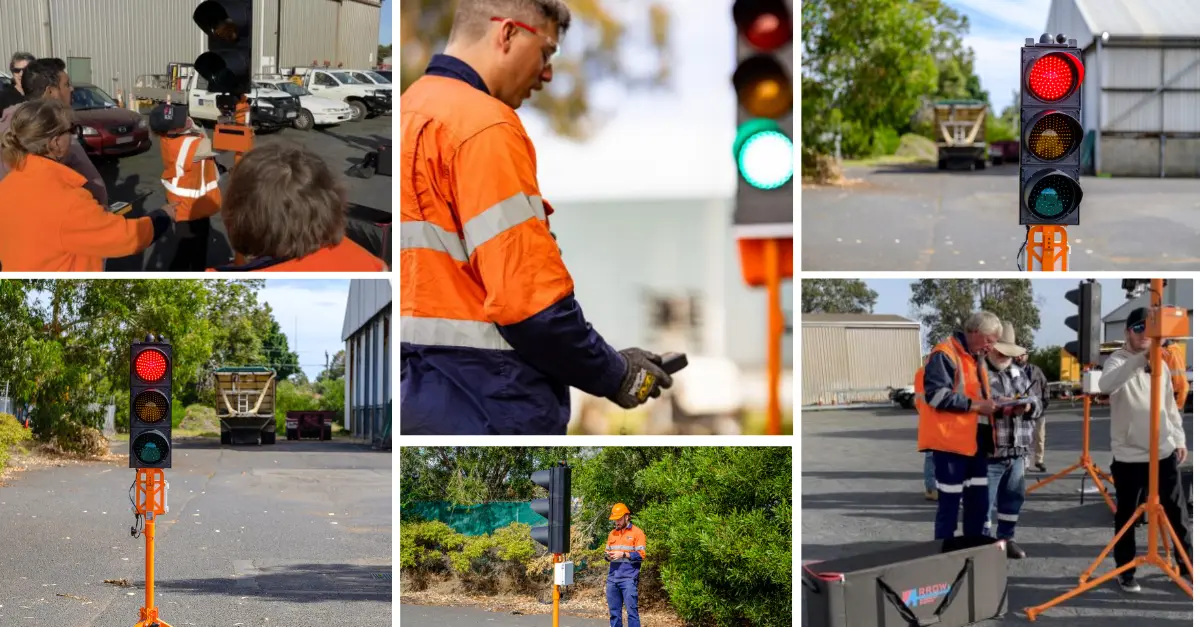 Collage of portable traffic control devices and practical traffic management training equipment used by AusQ Training, supported by Construction Training Fund funding.